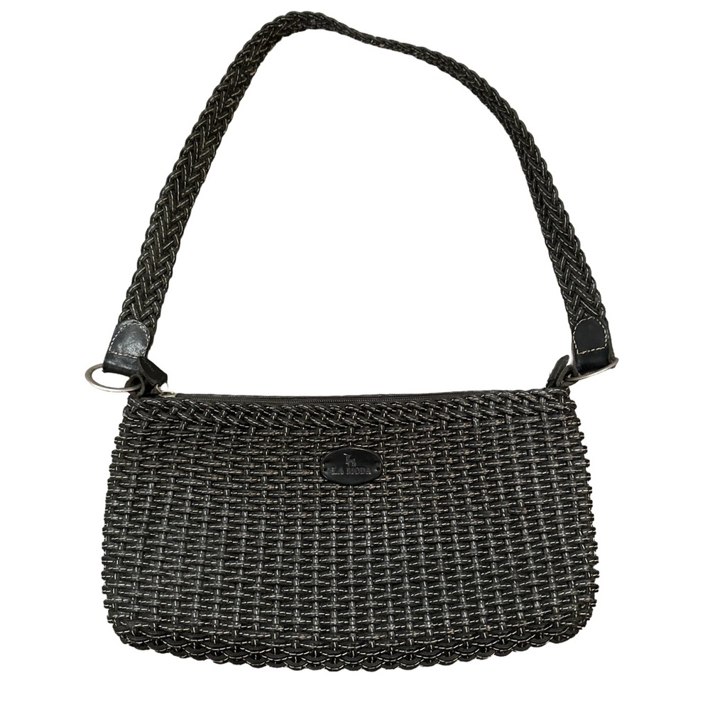 Vtg La Moda Designs Leather Bag Purse Black Woven Shoulder